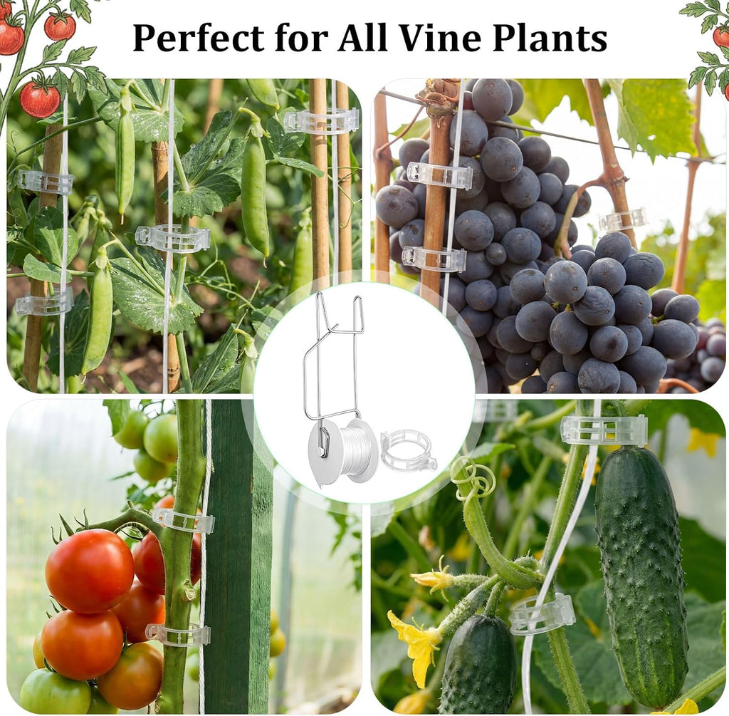 Novabright 50 Pack Tomato Support Hooks with 49 Feet String and 100 Pcs Clips Greenhouse Trellis Roller Tomato Hooks