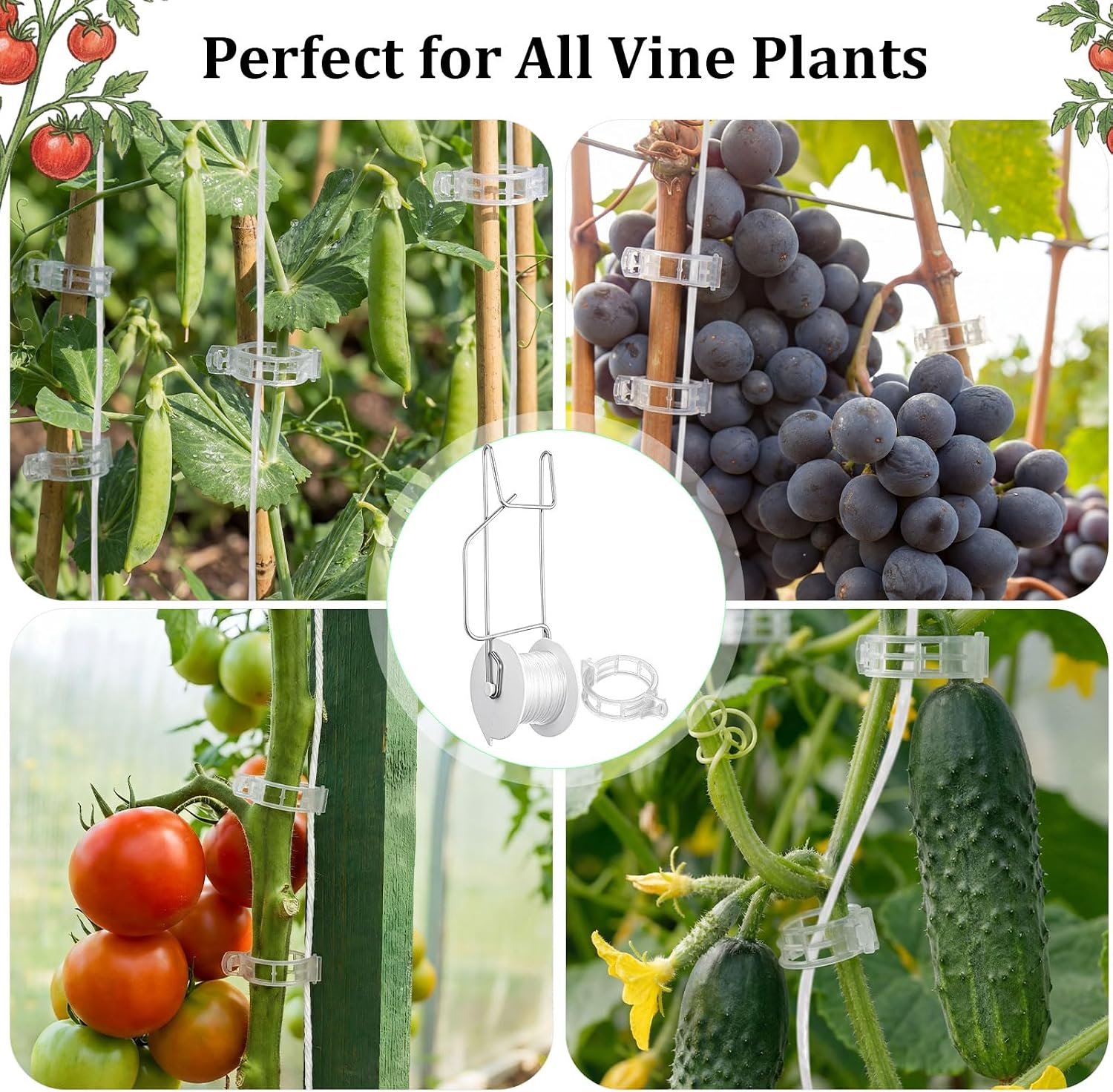 Novabright 50 Pack Tomato Support Hooks with 49 Feet String and 100 Pcs Clips Greenhouse Trellis Roller Tomato Hooks
