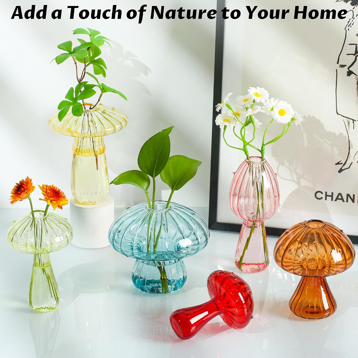 Plant Propagation Station, Set of 6 Colored Glass Mushroom Vase | Handmade Colored Propagation Stations, Small Plant