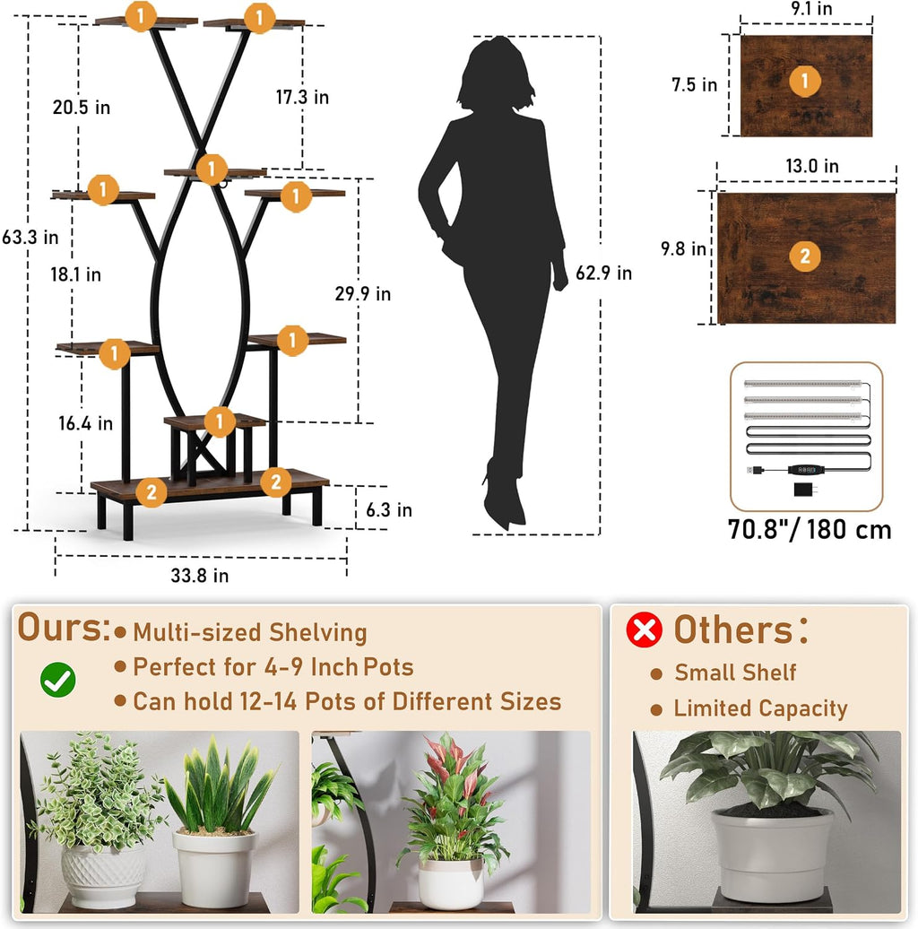 JUSTOGO Plant Stand Indoor with Grow Lights - 9 Tiered Tall Plant Shelf | 63" Corner Flower Holder for Multiple Plants