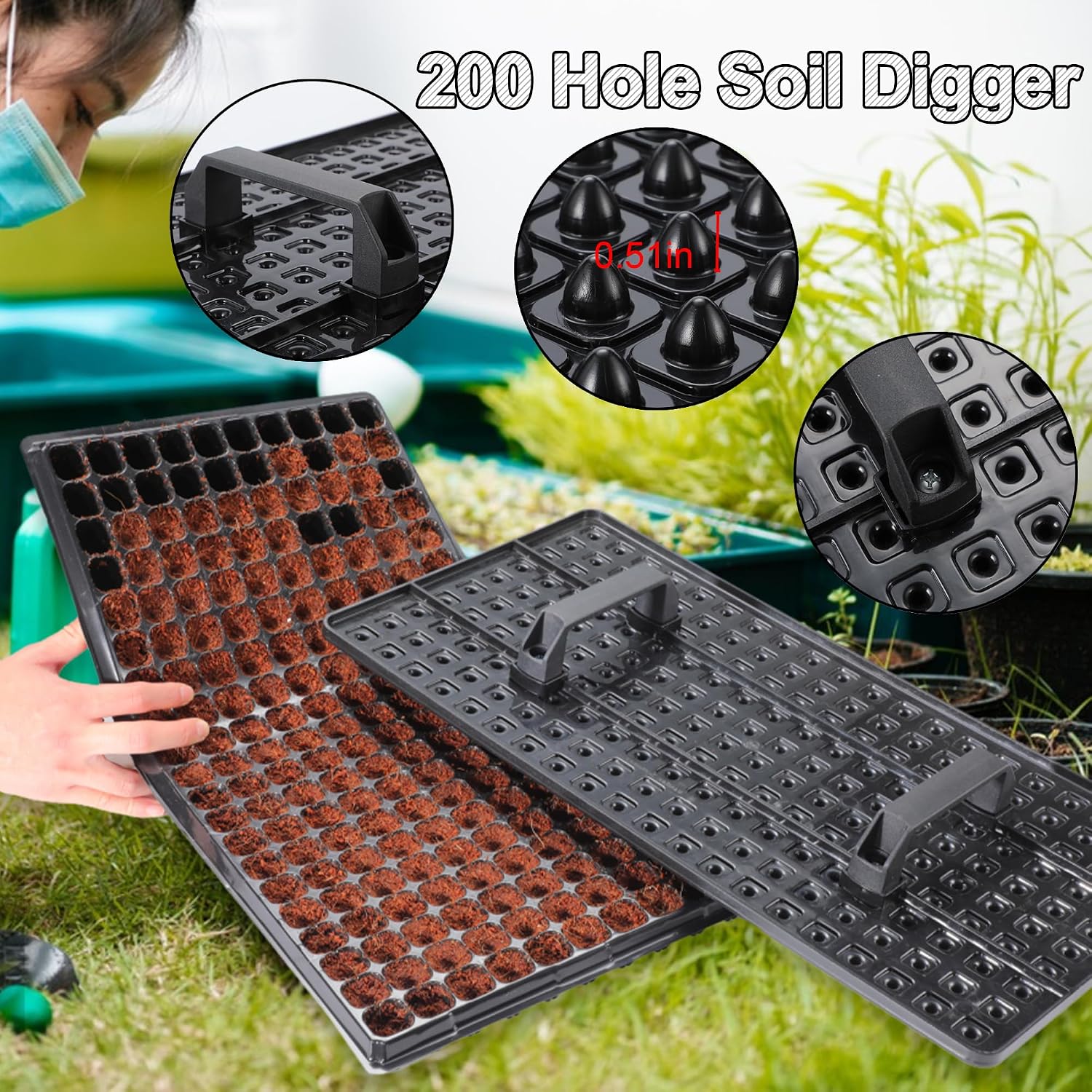 200 Cell Seed Starter Trays with Dibber – 20 Pack Reusable Seedling Trays for Germination Propagation, 200 Hole Soil