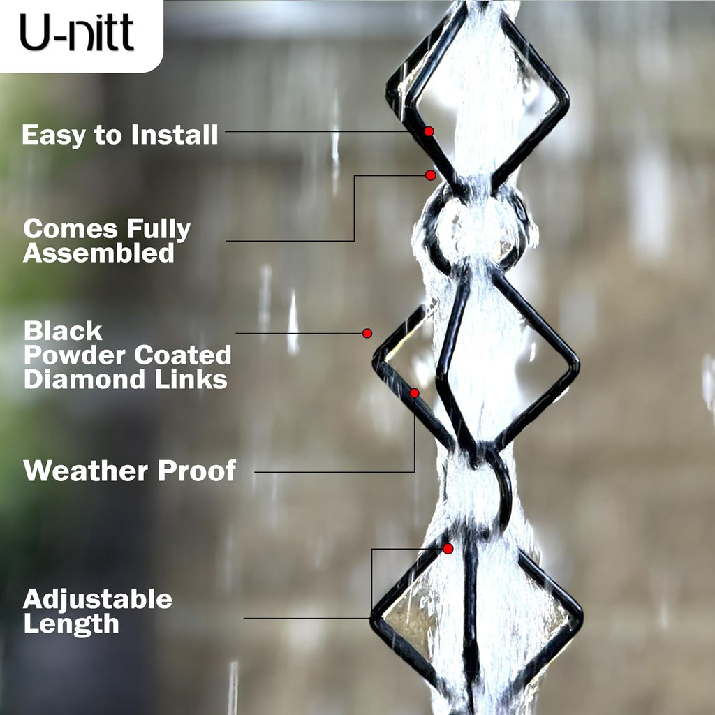 U-nitt Rain Chain Water Collection for Gutters Rainwater Catcher & Diverter, 8.5 FT Chains for Outside Garden, Black