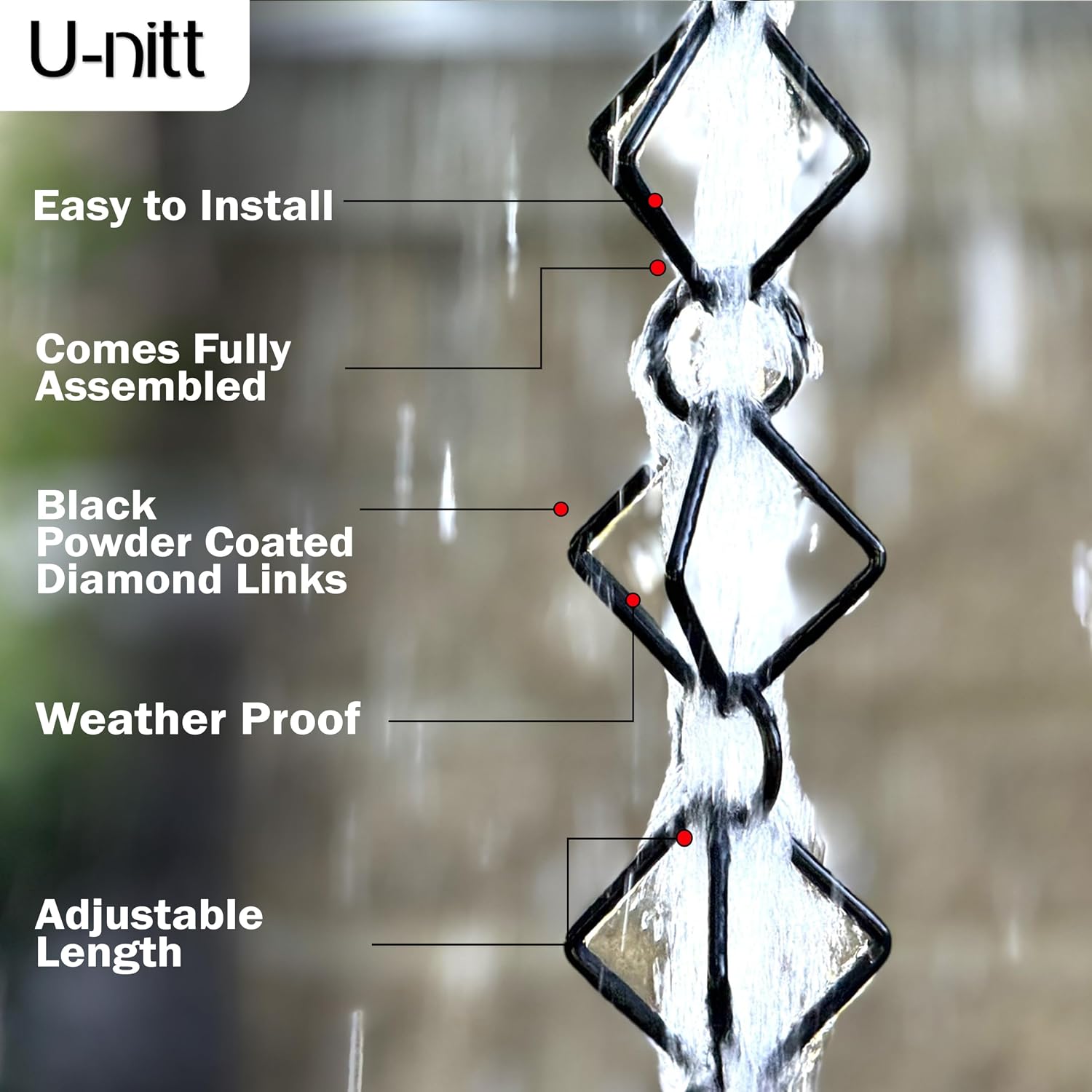 U-nitt Rain Chain Water Collection for Gutters Rainwater Catcher & Diverter, 8.5 FT Chains for Outside Garden, Black