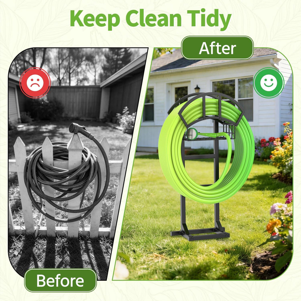 LASZOLA Garden Water Hose Holder Hanger Freestanding Reel for Outside Black | Rack Outdoor with Storage Basket, Heavy