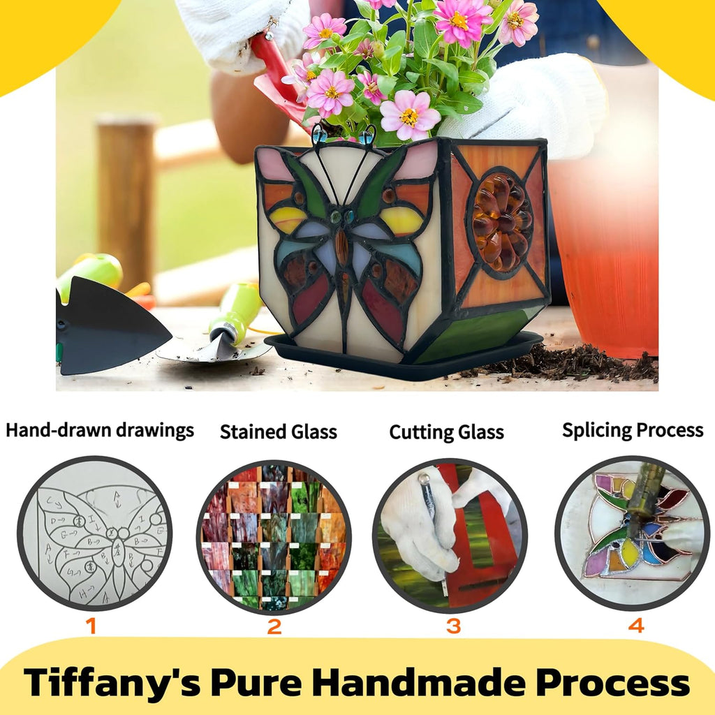 Handcrafted Stained Glass Butterfly Planter, Cute Planters for Indoor Plants,Decorative Indoor Flower Pot, Cactus Pot