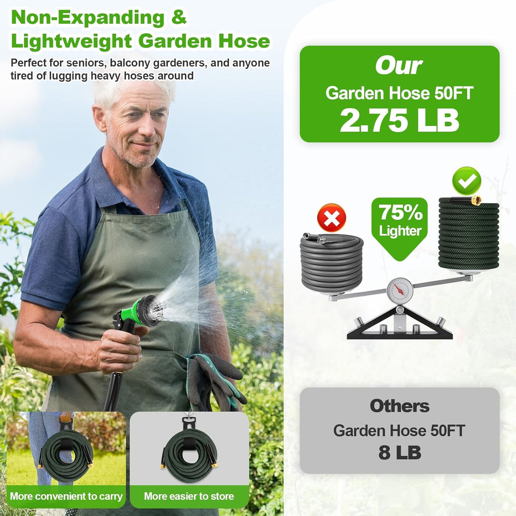 Garden Hose 50ft, Non-Expanding Water Hose with 10 Function Nozzle | Lightweight, Kink Free, Sturdy, Leak-Proof