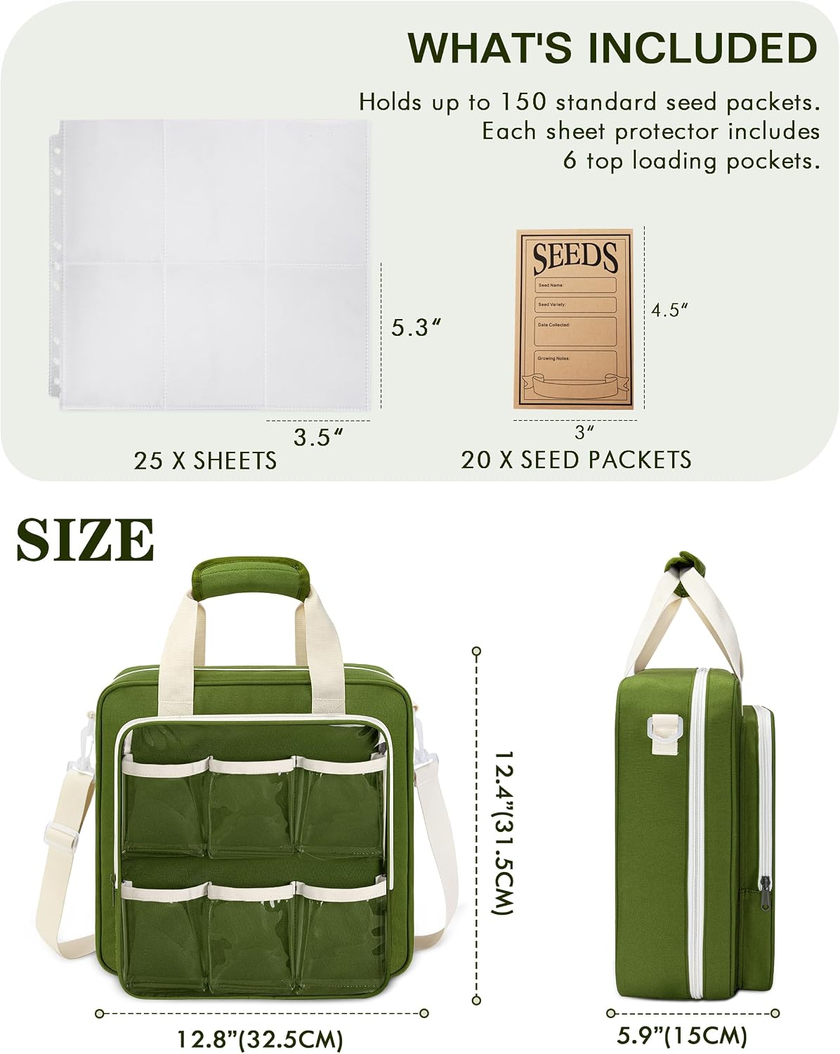 Seed Storage Organizer Binder, Seed Packet Organizer Bag, Green | 20 Paper Seed Envelopes, 25 Pack of Sheet Protectors