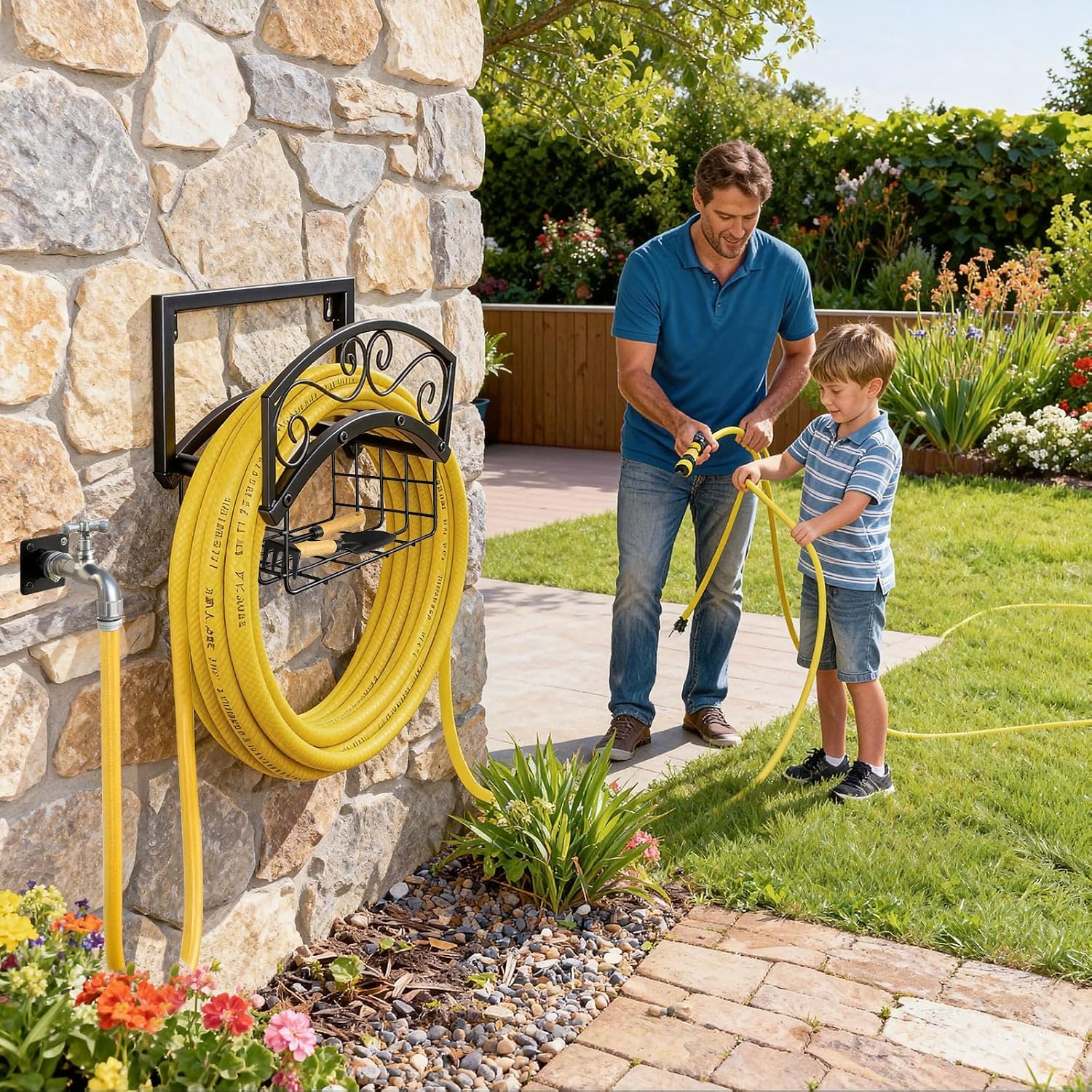 Garden Hose Holder Wall Mount, Metal Water Hose Holder with Basket | 150FT, Heavy Duty, Durable, Weather-Proof Hose