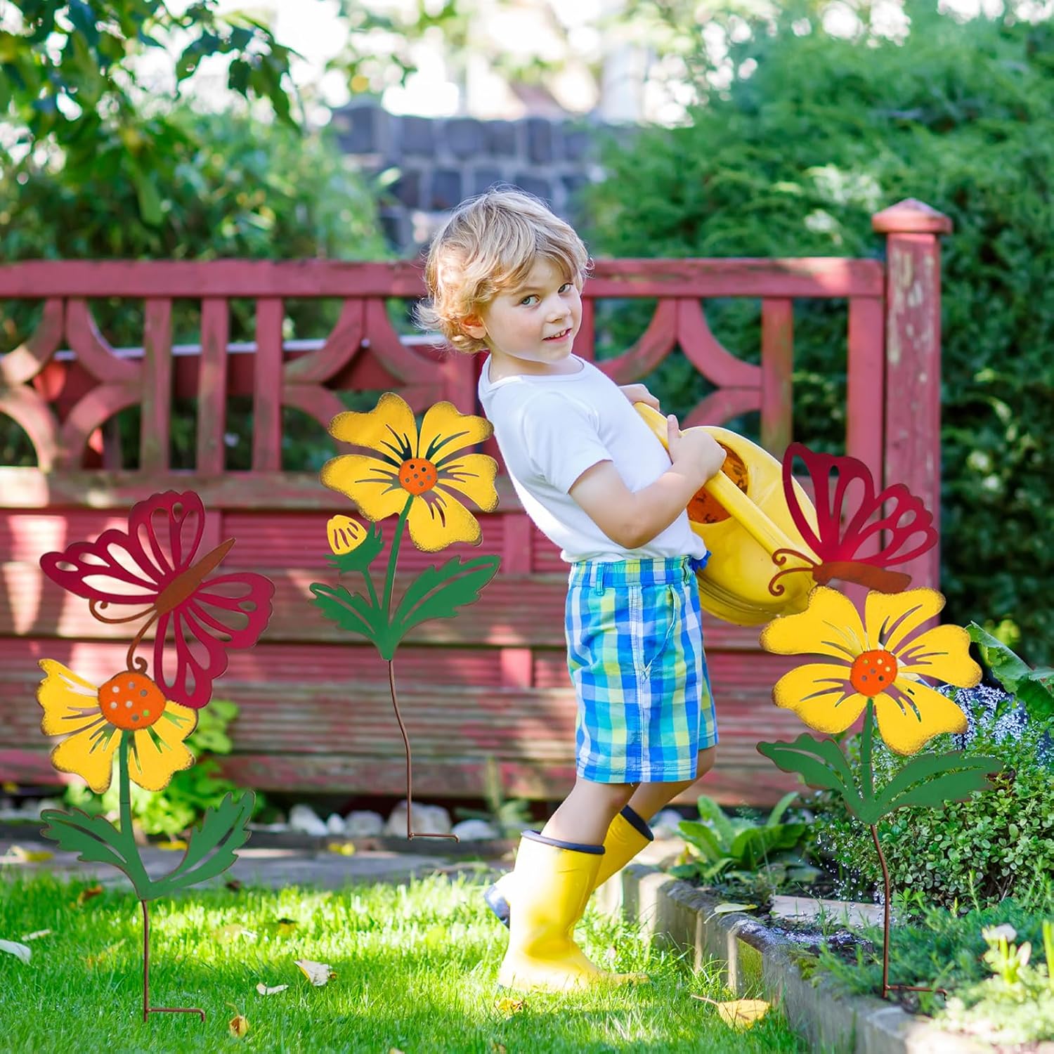 3-Pack Metal Flowers for Outside, 30-Inch Metal Yard Art | Decorative garden stakes with flower and butterfly designs;