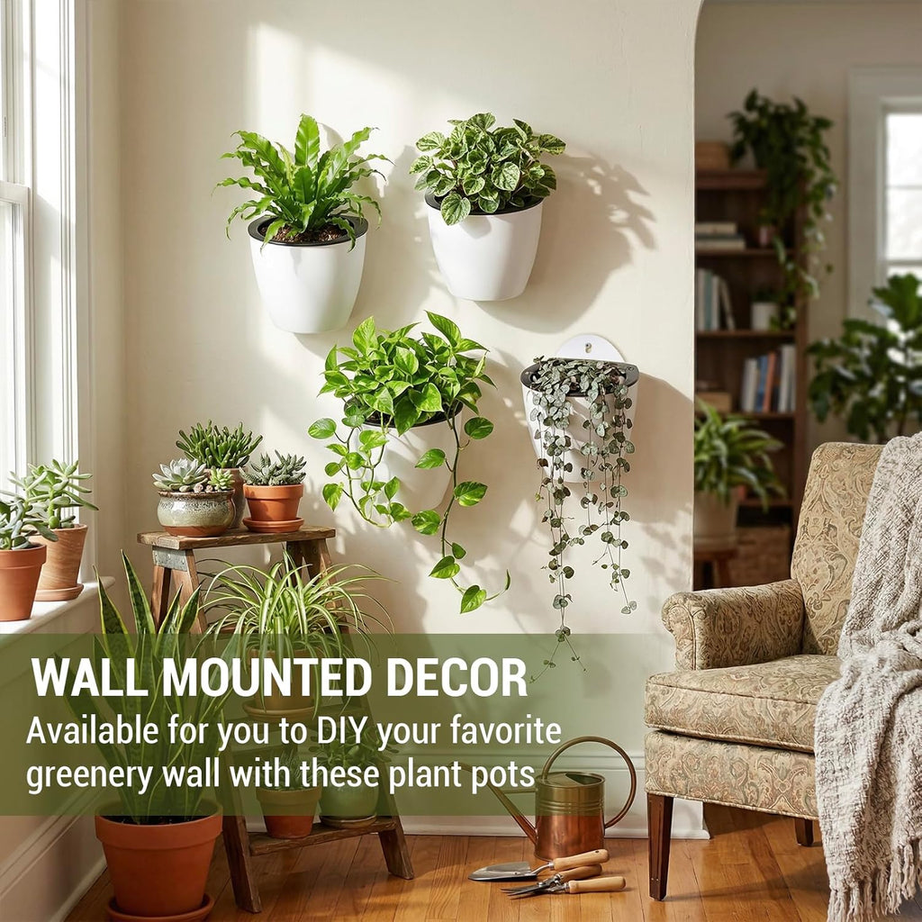 MyGift 7.5 Inch Wall Planters for Indoor Plants, White Plastic Hanging Self Watering Plant Pots, Flower Cactus Herbs