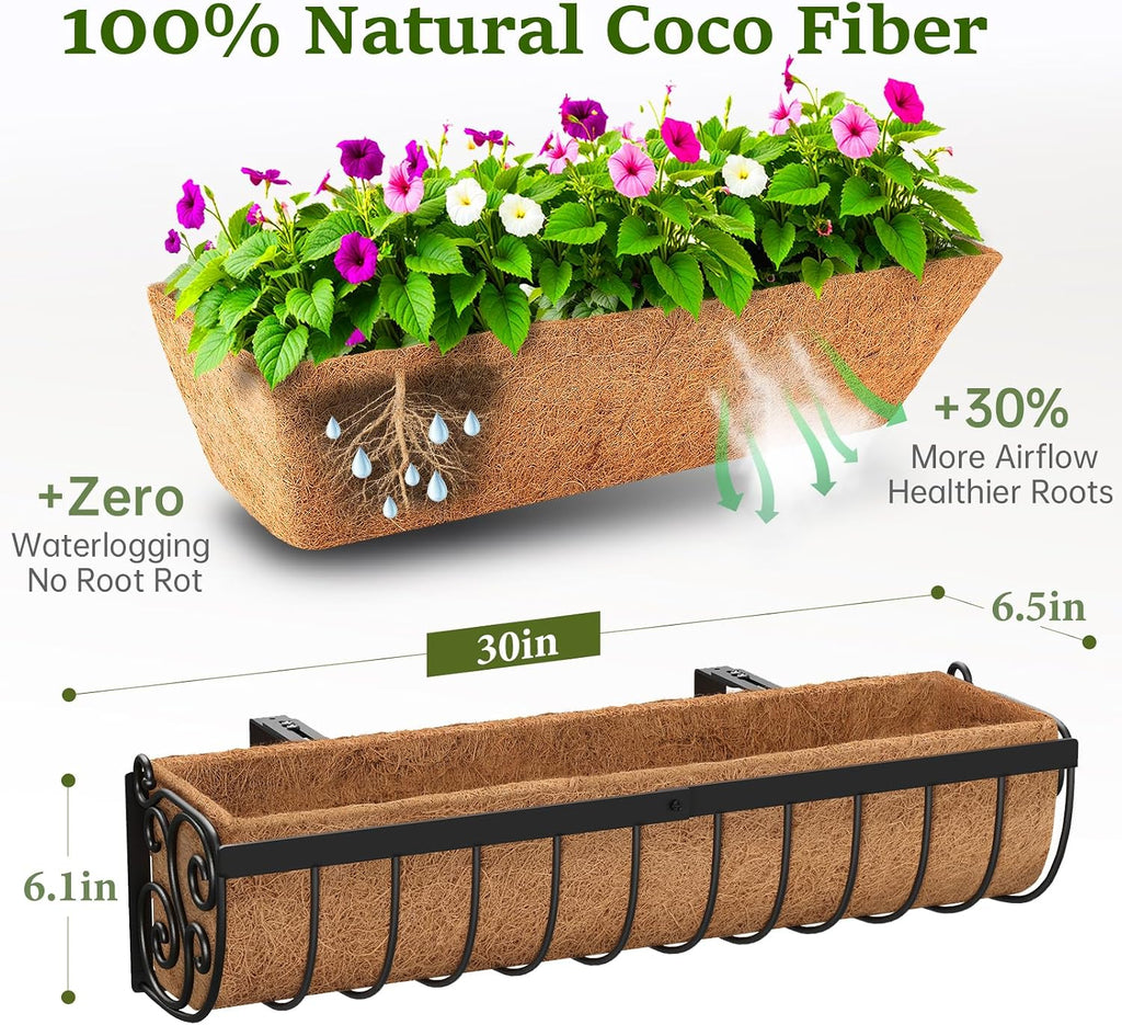 VOXOR Railing Planter Boxes, 30 Inch Window Boxes Planters, Balcony Planters with Adjustable Brackets & Coco Liner for