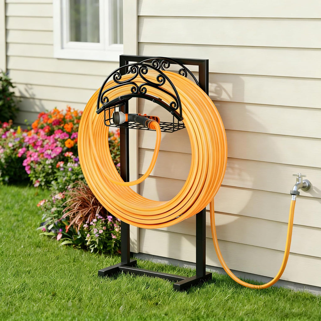 Gayuteay Garden Water Hose Holder with Storage Basket for Outside | Holds 151ft Heavy Duty Freestanding Hose Reel