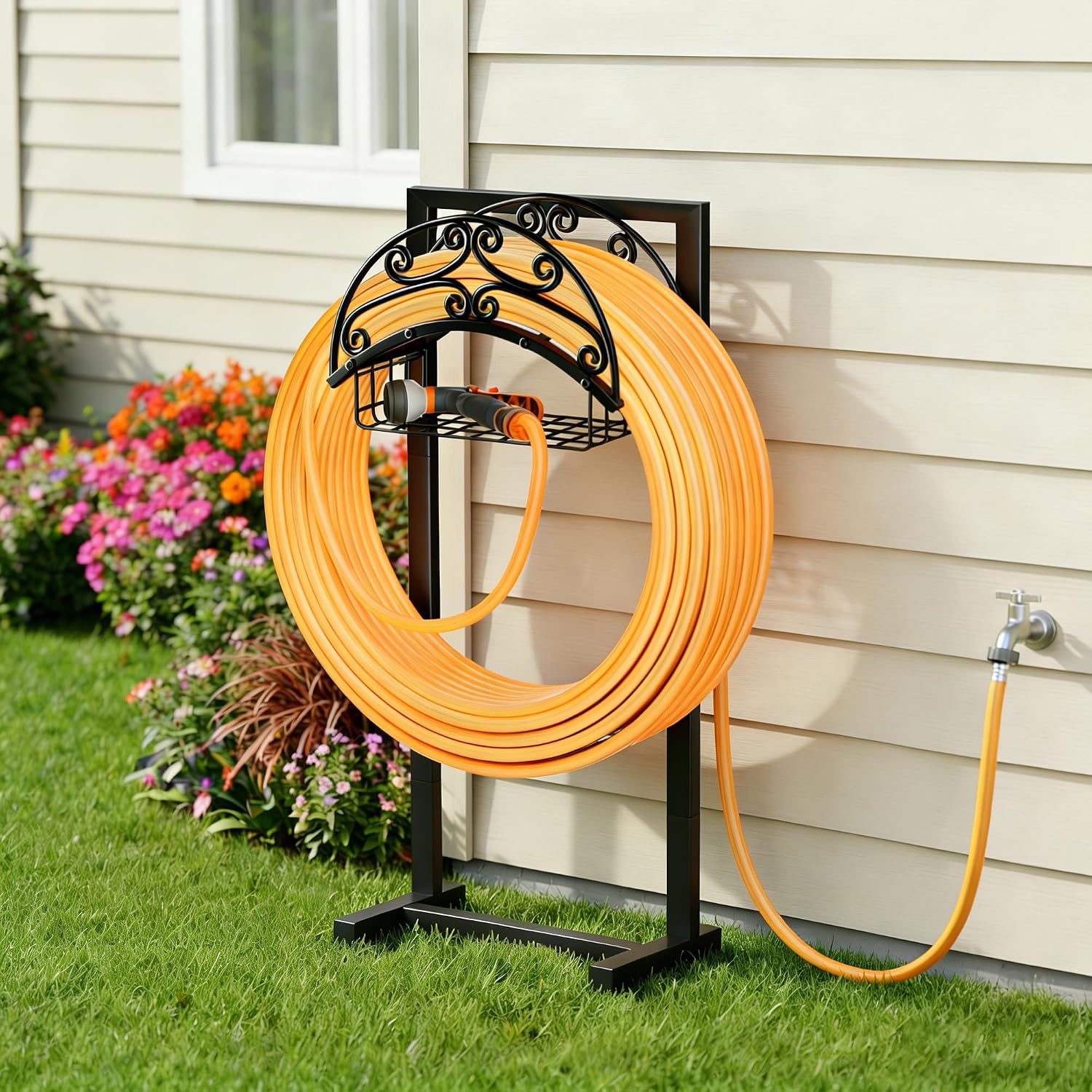 Gayuteay Garden Water Hose Holder with Storage Basket for Outside | Holds 151ft Heavy Duty Freestanding Hose Reel