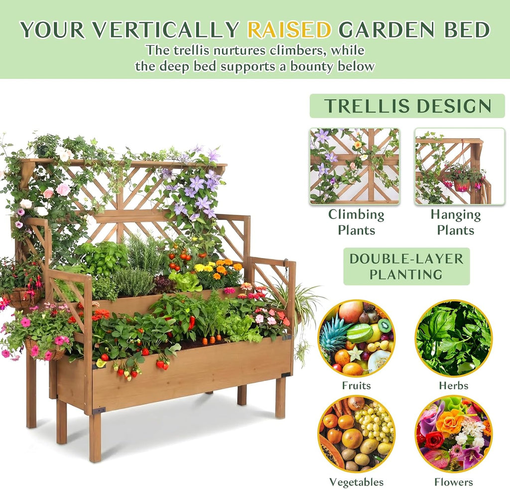 Raised Garden Bed Outdoor with Lattice Trellis, 47.2''H Wood Outdoor Flower Plant Stand with Two Planting Areas, Metal