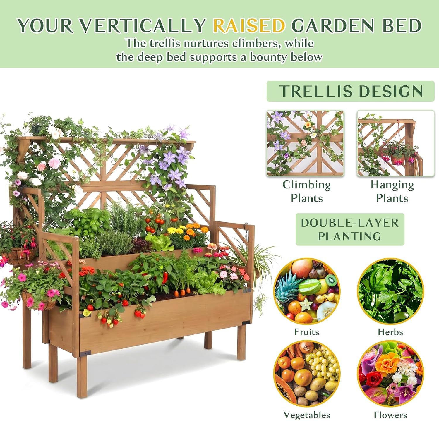 Raised Garden Bed Outdoor with Lattice Trellis, 47.2''H Wood Outdoor Flower Plant Stand with Two Planting Areas, Metal