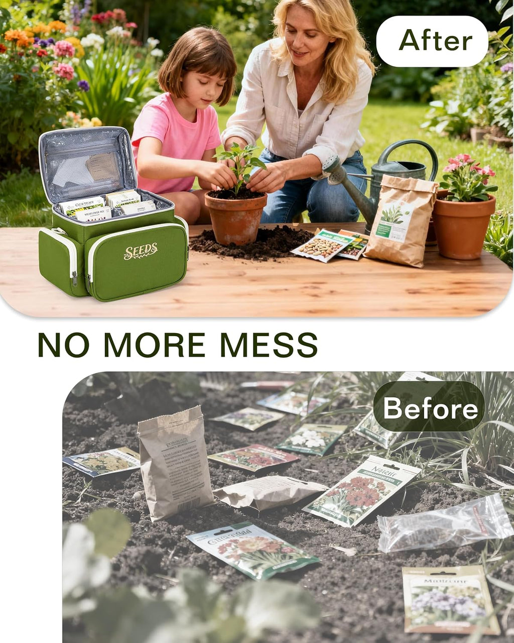 Seed Storage Organizer Insulated Bag, Garden Seed Saving Box, Green | 25 Seed Envelopes, 50 Blank Plant Label Stakes
