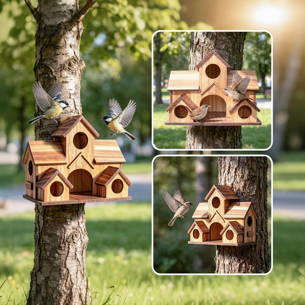 Bird House for Outside, 5-Hole Outdoor Wooden Birdhouse for Chickadee Bluebird Finch Wren Hummingbird, Weatherproof