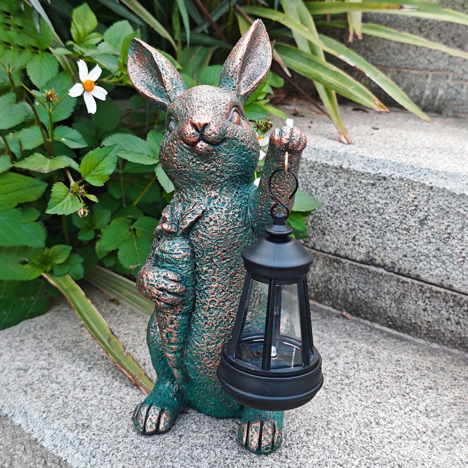 Solar Garden Statues -Rabbit Lantern Outdoor Handmade Resin Statue with LED Light, Cute Carrot Holder for Patio, Yard