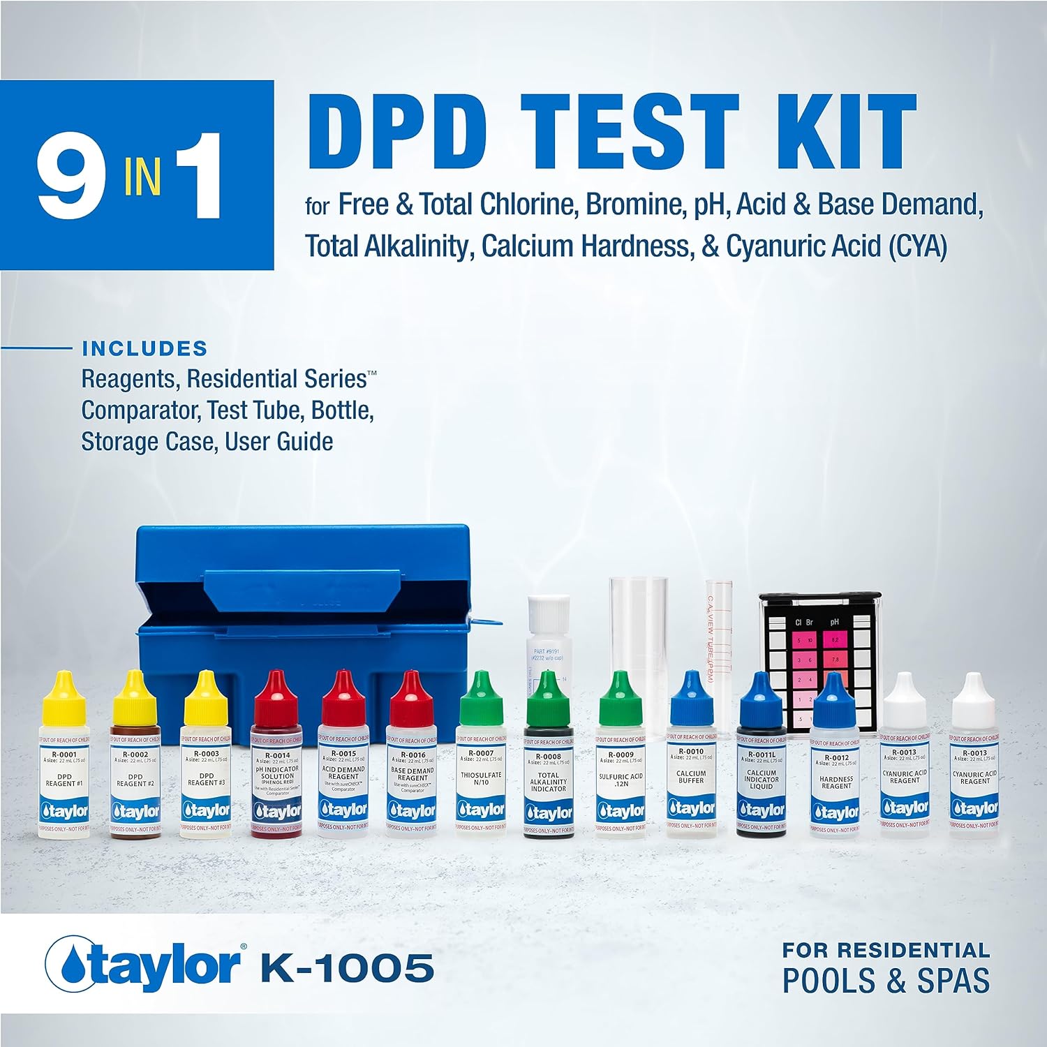 Taylor Technologies K-1005 DPD, 9-in-1 Pool Test Kit | Tests Free & Total Chlorine, Bromine, pH, Acid/Base Demand