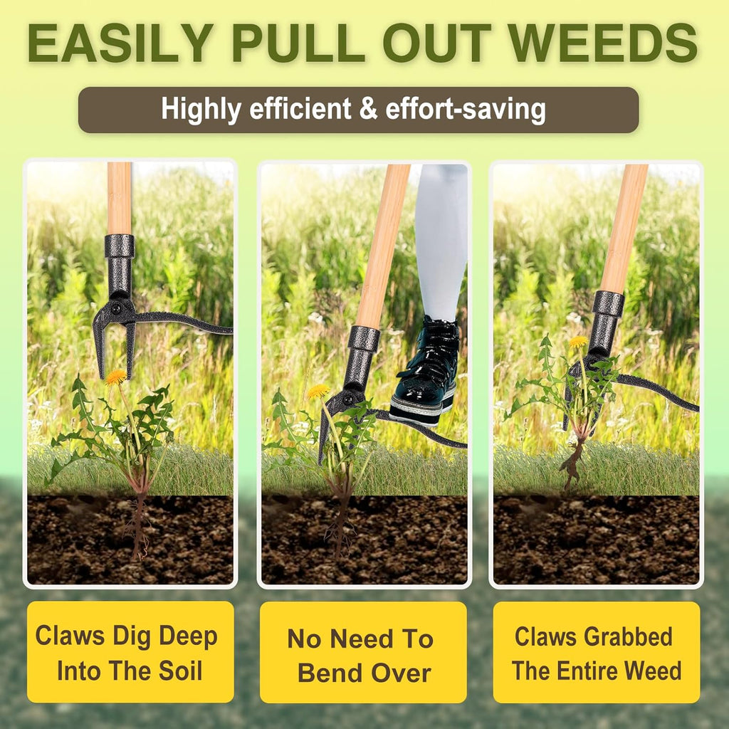 Weed Puller Stand Up Weed Puller Tool with Wooden Long Handle Foot Platform Design 4-Claw Steel Head & Removable