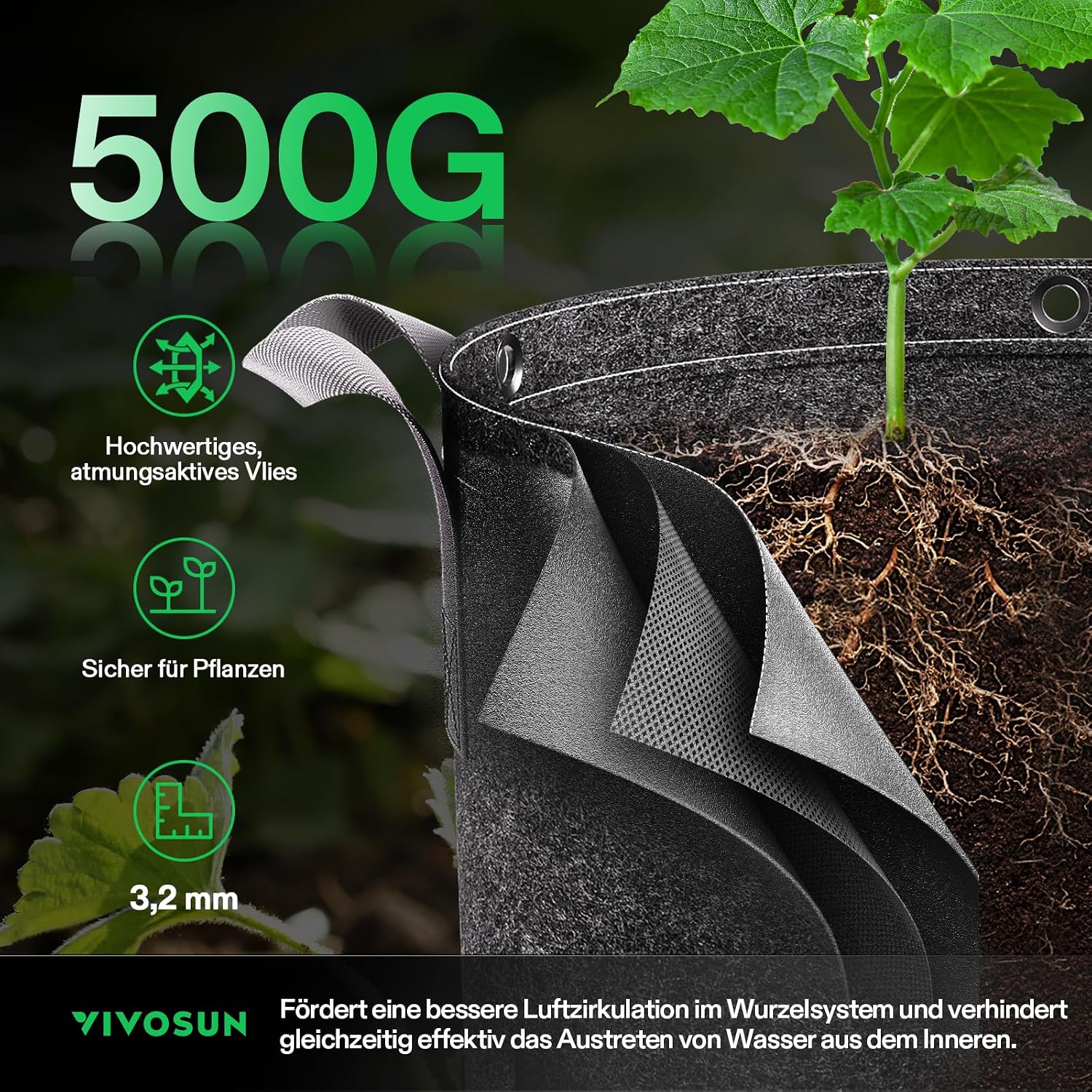 VIVOSUN 5-Pack 15 Gallon 500G Fabric Grow Bags with Strap Handles | Metal Rings for LST, Breathable Fabric, Excellent
