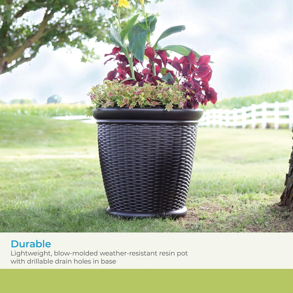 Suncast Wicker Planter w/ Drillable Drain Holes, Decorative Indoor/Outdoor Pot, 18in, Java