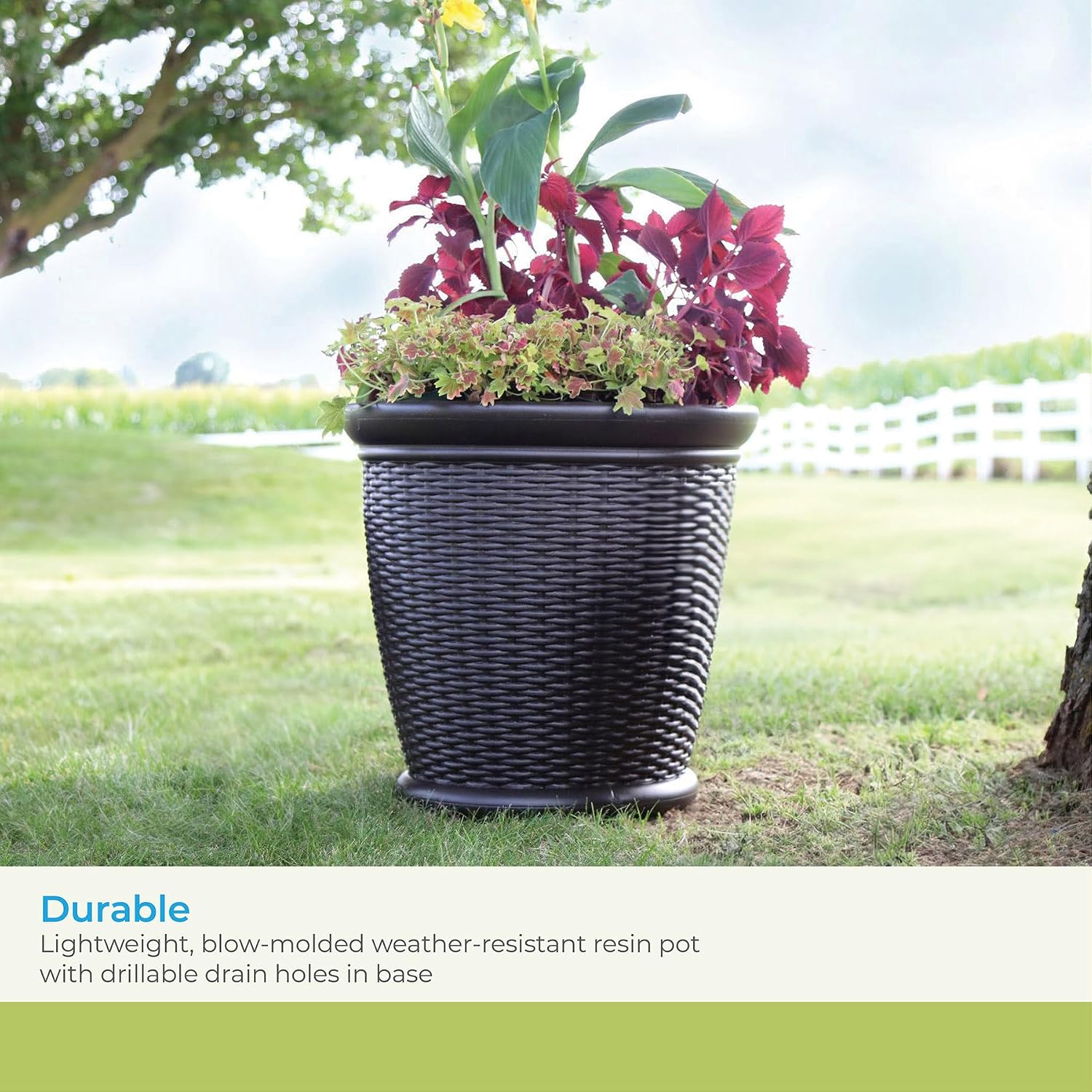 Suncast Wicker Planter w/ Drillable Drain Holes, Decorative Indoor/Outdoor Pot, 18in, Java