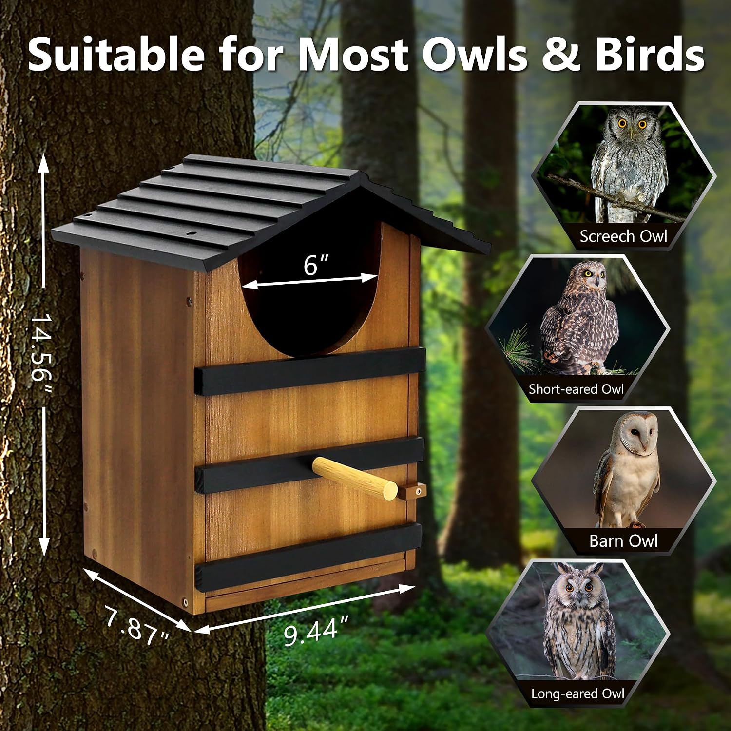 KOOPRO Screech Owl House for Outdoors, Weatherproof Large 14.5"x9.4"x7.8" | Barn Owl Nesting Box Wooden for Outside
