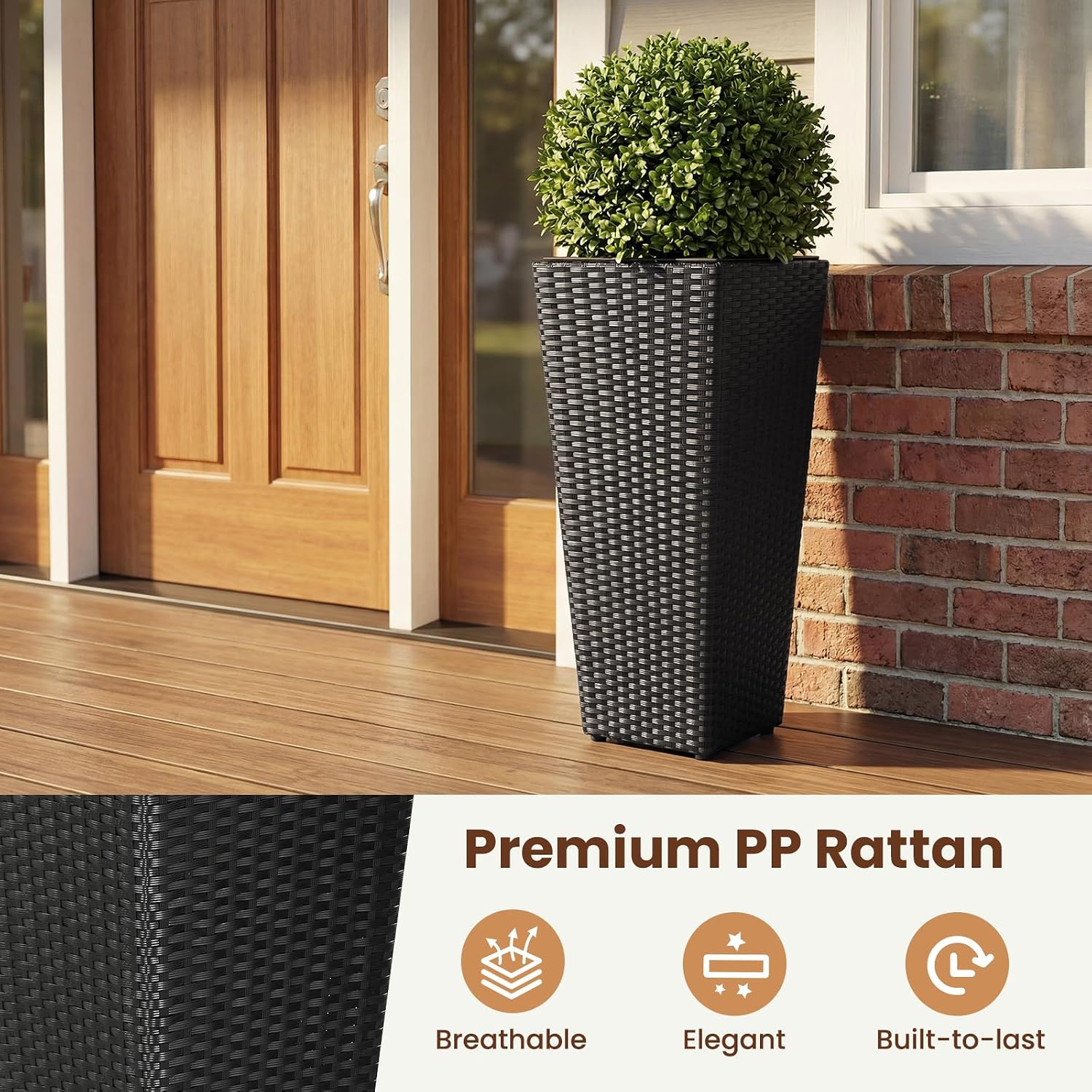 HAPPYGRILL 24" Tall Rattan Plant Pots Set of 2 with Adjustable Foot Pads | Outdoor Taper Planter w/Detachable Inner
