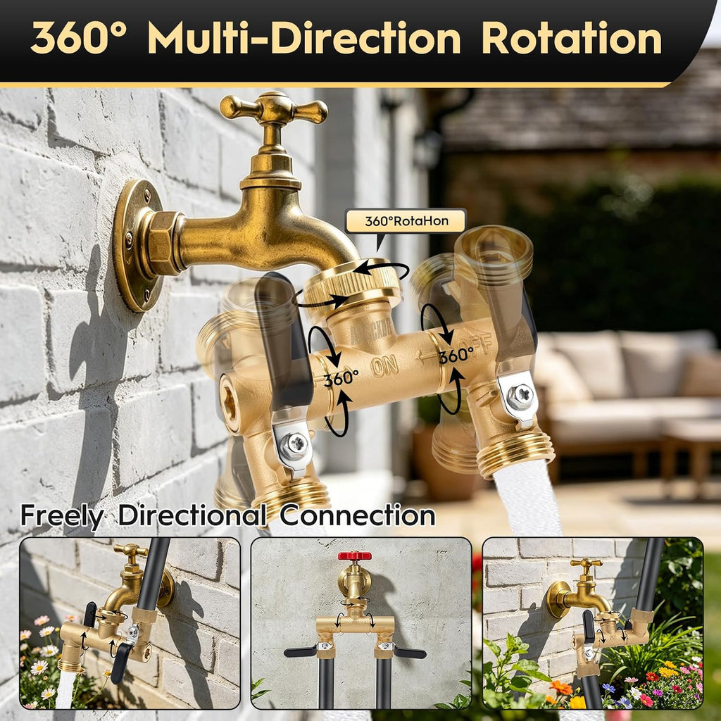Garden Hose Splitter 2 Way, 360° Rotatable Brass Water Hose Y Splitter. | Outdoor Heavy Duty Spigot, 2 Way Faucet