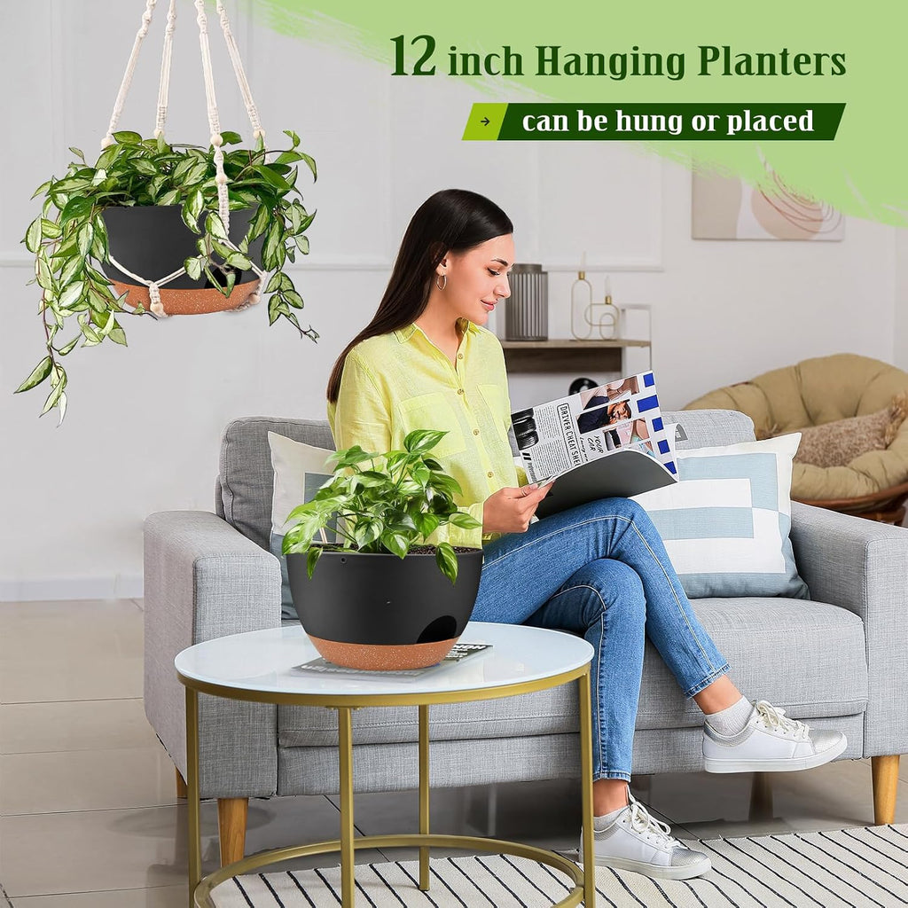 12 Inch Self Watering Hanging Planters with Removable Reservoir, 2 Pack | Drainage Holes, Metal Chain, for