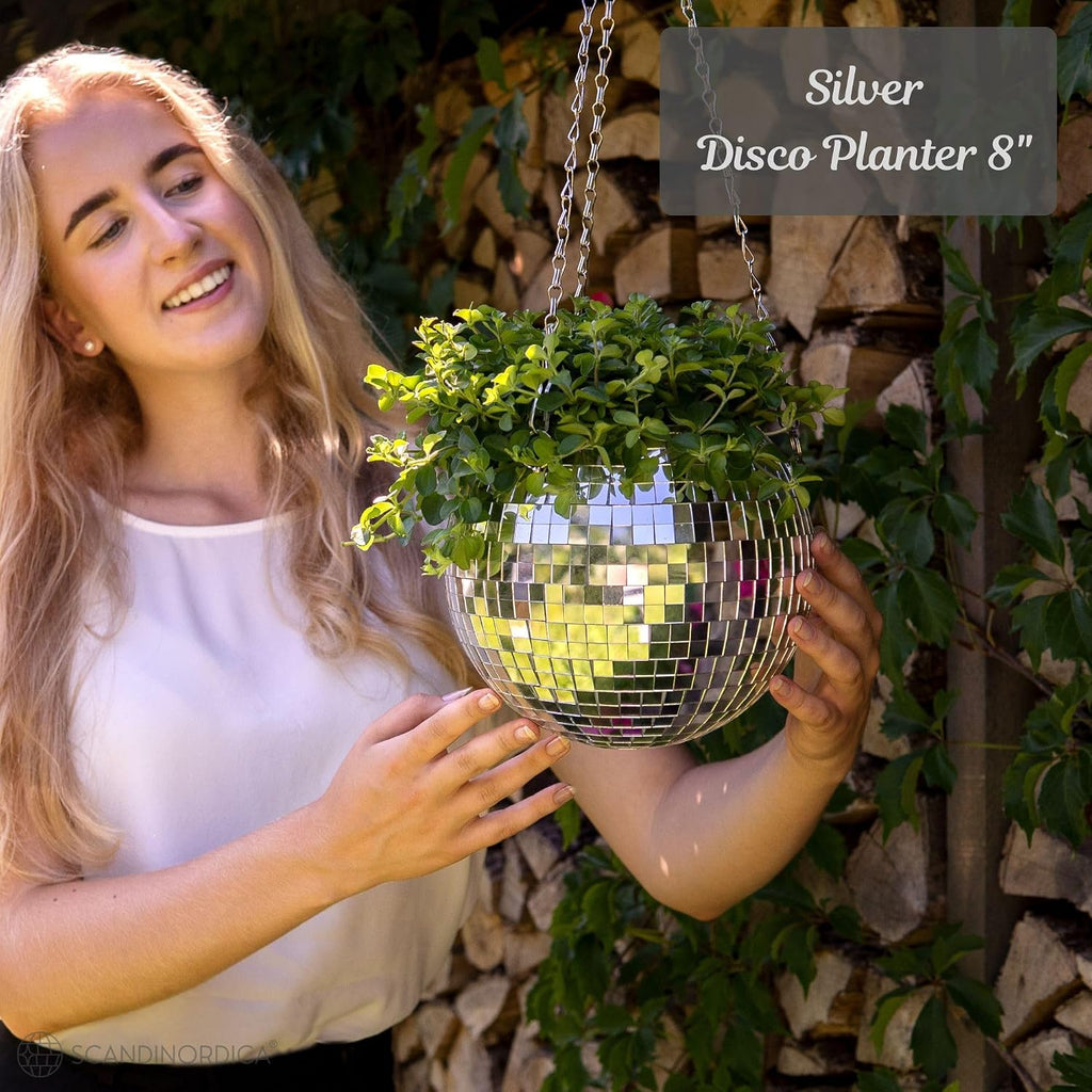 Disco Ball Planter – Value Package: Disco Pot with Chain, Macrame Hanger, Acrylic Stand and Self Watering Insert | 8