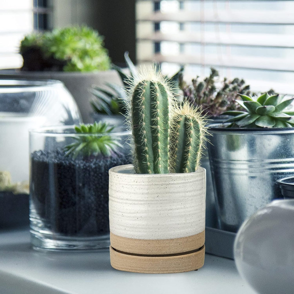 HERDUK 6 Inch Plant Pots, Ceramic Planter Pot with Drainage Hole & Saucer, Indoor/Outdoor Cylinder Round Planter Pot