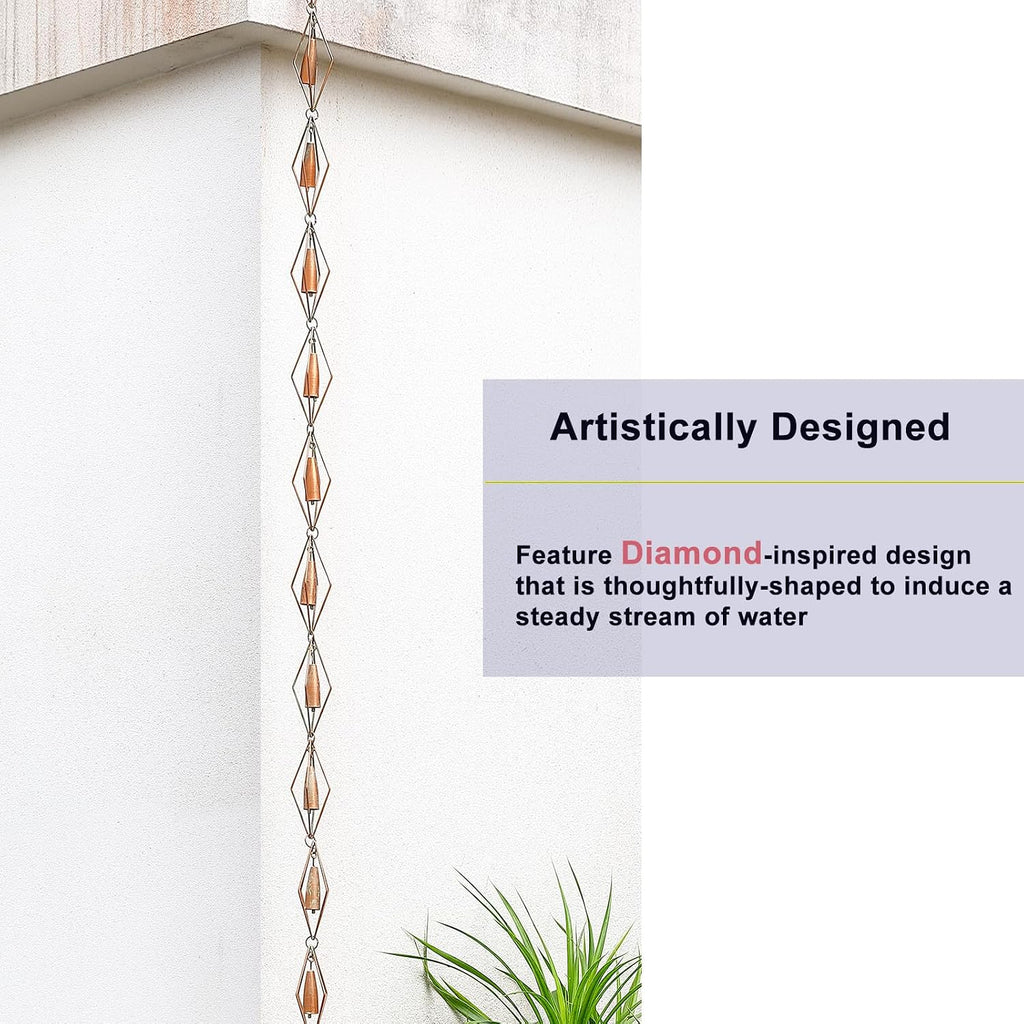 8.5 Ft Diamond & Bell Rain Chain, Patina Gutter Decorative Rain Chain | Copper Patina Finish Iron