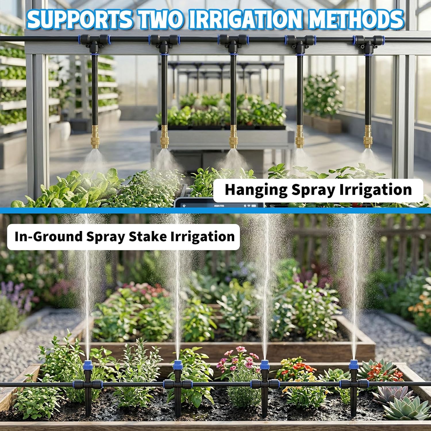 Drip Irrigation System 130FT with 10 Bendable Nozzles, 10 Misting Emitters, 10 8-Outlet Drip Emitters, 1/2 & 1/4 Inch