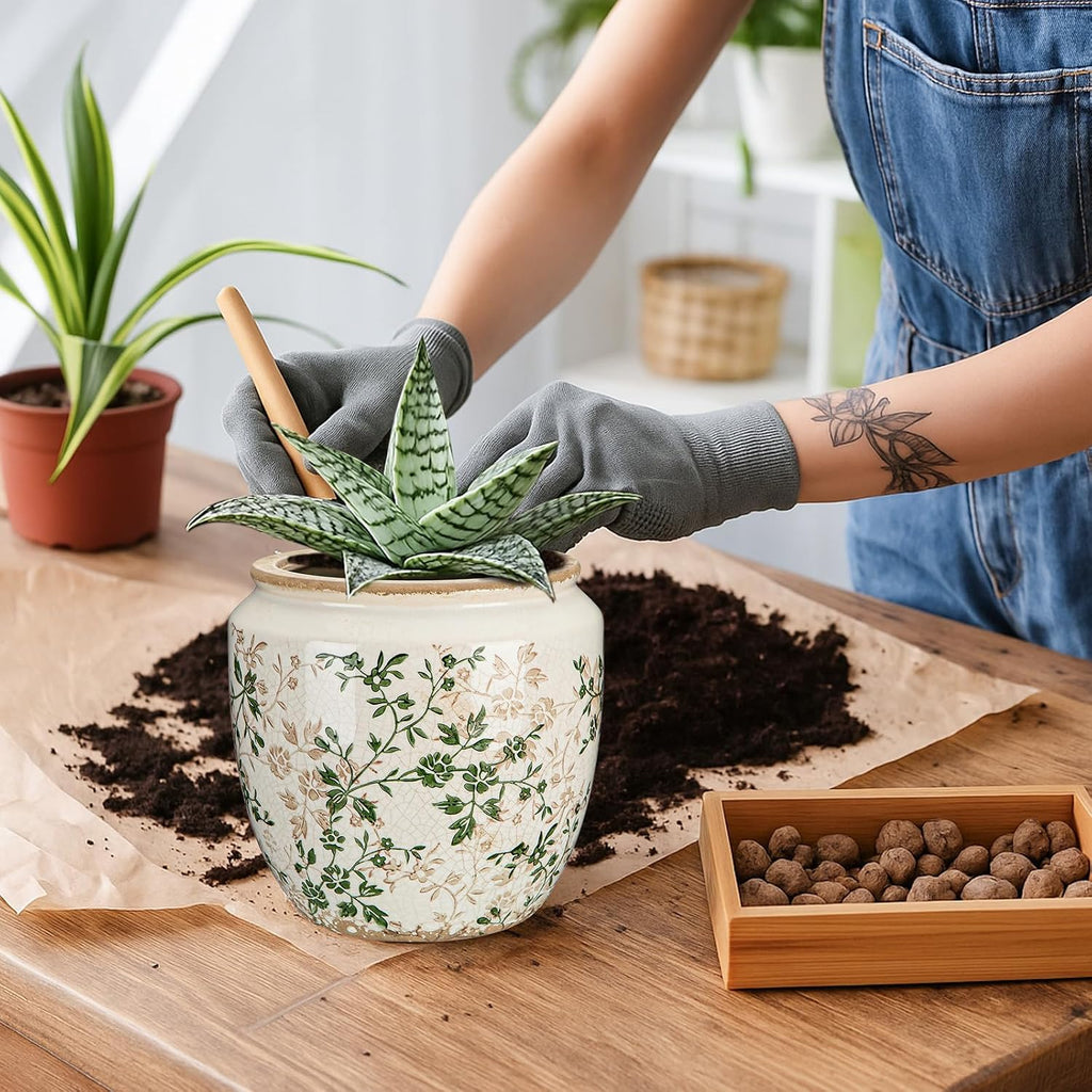 LemonRoad 7 Inch Large Vintage Ceramic Planter with Drainage Holes Ice Crackle Flower Vase Flower Pot with Rustic