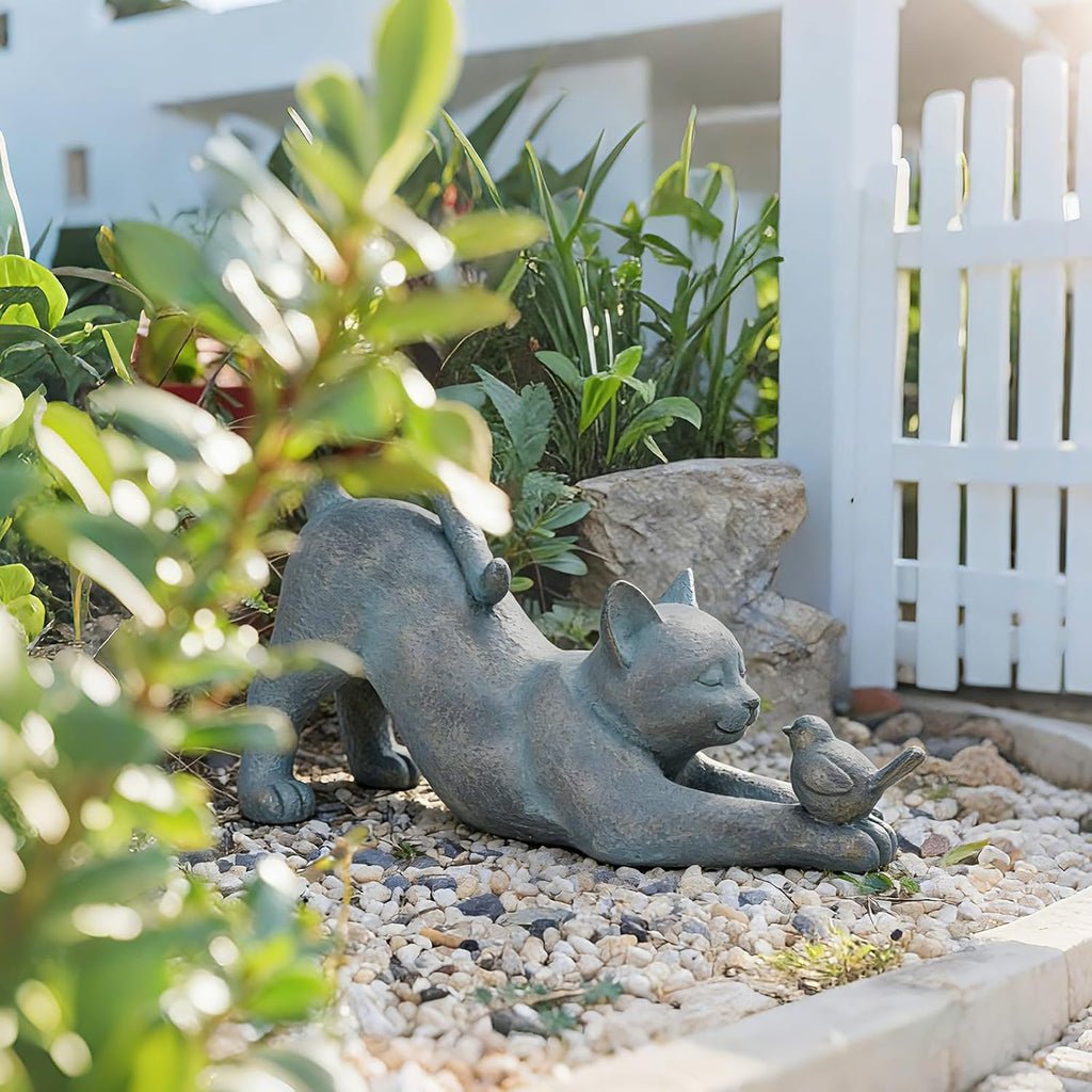 Cat Garden Statues Outdoor Cat-Figurines - Home Garden Decor 16 x 6 x 9.5 inch Resin Cats & Bird Playing Sculpture
