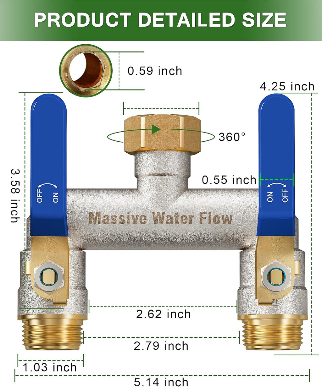 Hose Splitter 2 Way Heavy Duty, Brass Garden Hose Splitter | 304 Stainless Steel Long Handle, Full Flow Nickel Plated