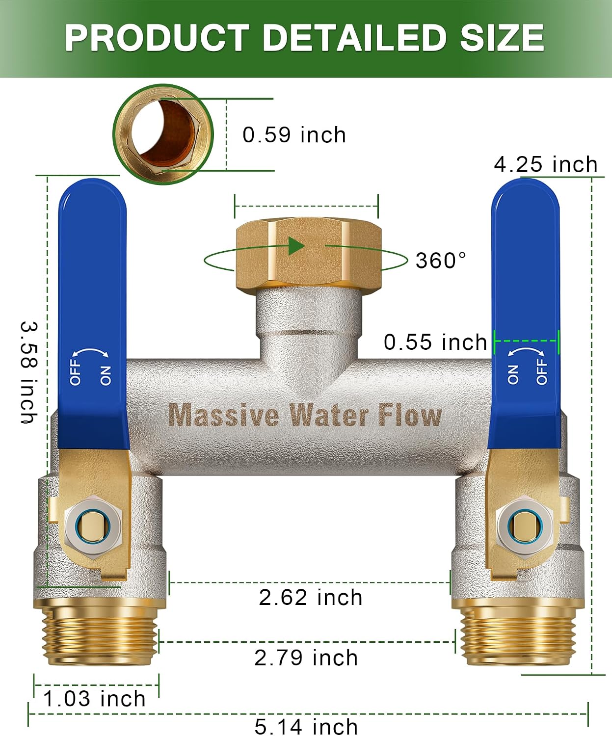 Hose Splitter 2 Way Heavy Duty, Brass Garden Hose Splitter | 304 Stainless Steel Long Handle, Full Flow Nickel Plated