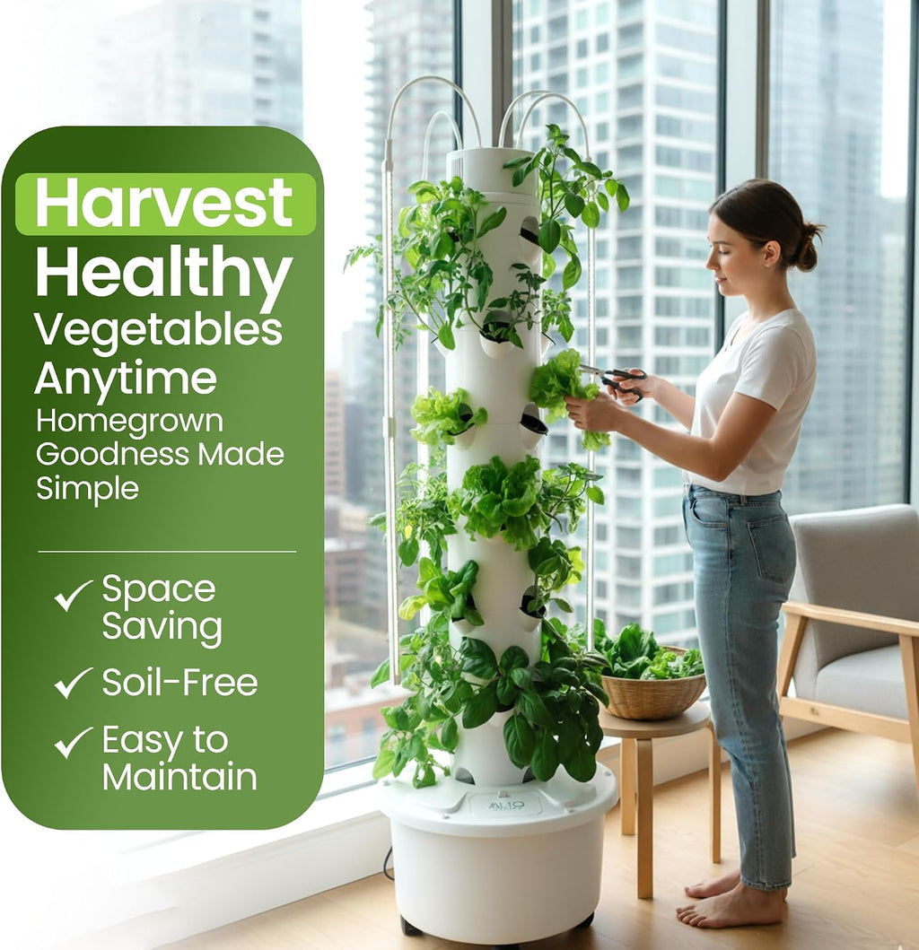 GX Hydroponic Tower | Vertical Planter Tower | Hydroponics Growing System Kit | Food Grade with 24 Net Pots (with LED