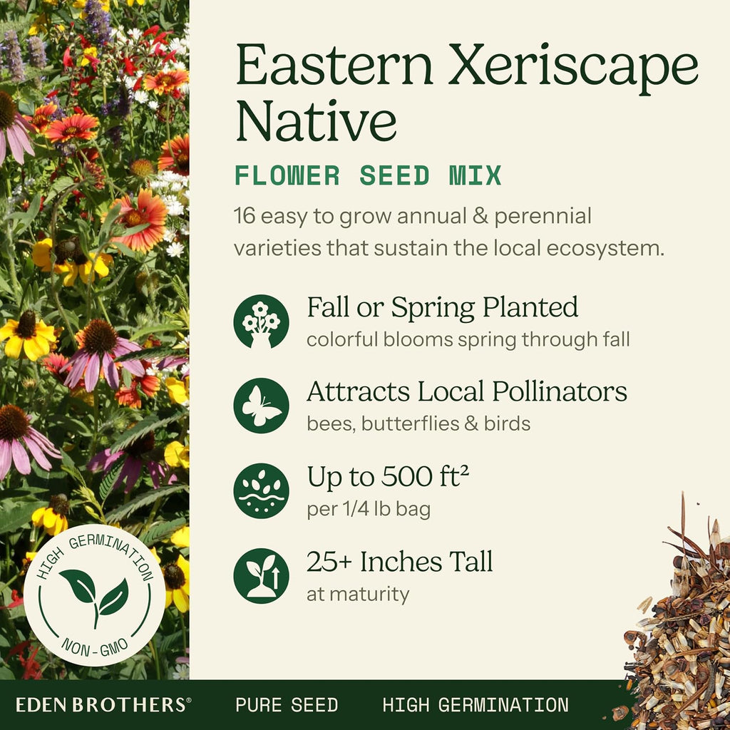 Eden Brothers Native Eastern Xeriscape Flower Seed Mix, 1/4lb,16 Drought Tolerant Wild Flower Seed Varieties,100% Pure