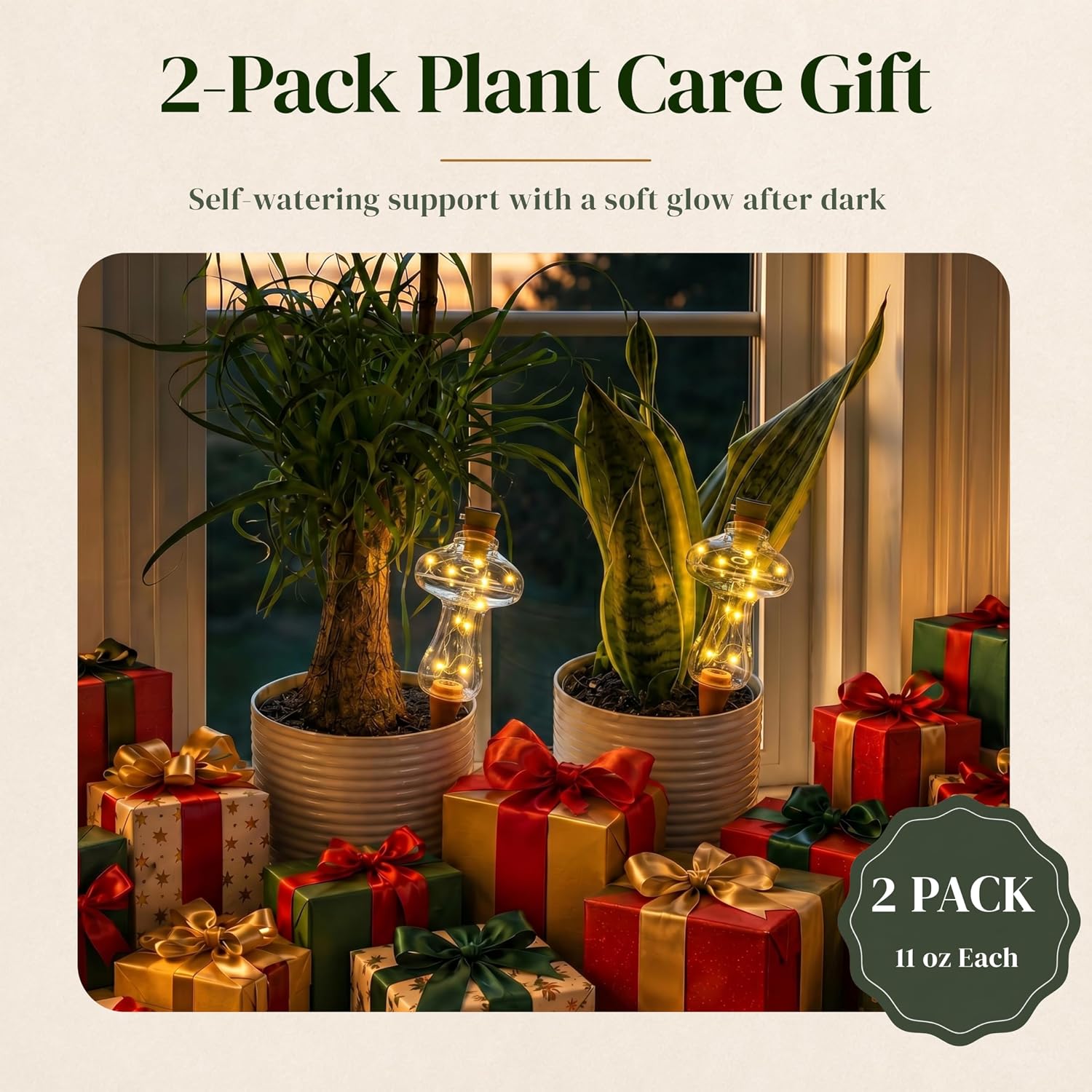 11 oz Plant Self Watering Globes Top Fill, Mushroom Plastic Self Watering Bulbs, LED Night Light Automatic Waterer with