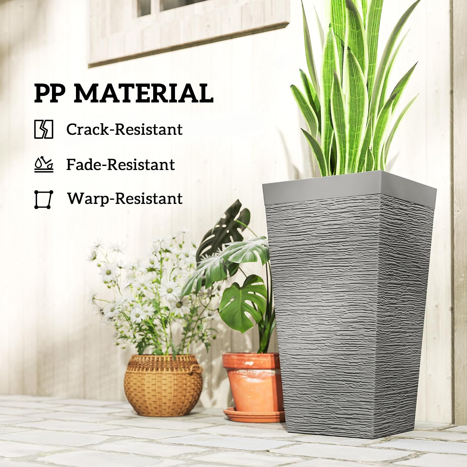 Outsunny 22.8 Inch Tall Planters for Outdoor Plants Set of 3, Gray | Wheels, Plastic Flower Pots, Stone Finish