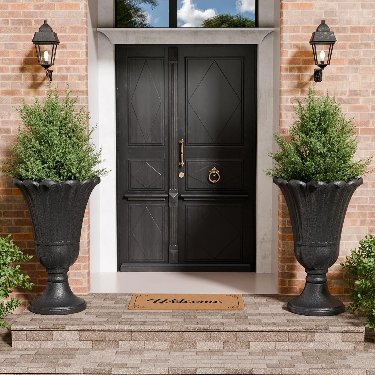 Tall Plastic Urn Planters and Pedestal - 24" Outdoor Planter Black | Weather-Resistant Plastics HDPE Material with