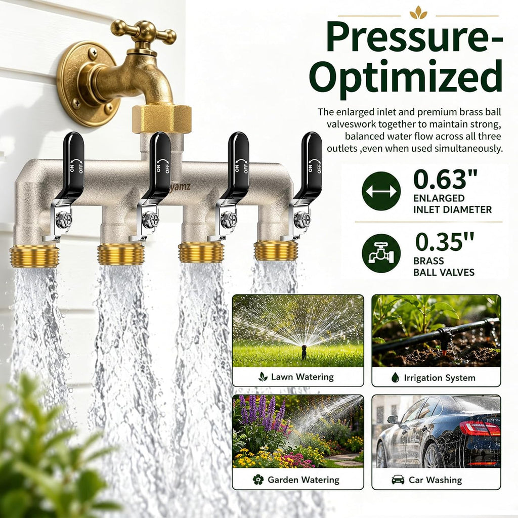4 Way Garden Hose Splitter, 3/4" GHT Outdoor Faucet Splitter | Heavy-duty Solid Brass Body, Wide Spacing Fits Large