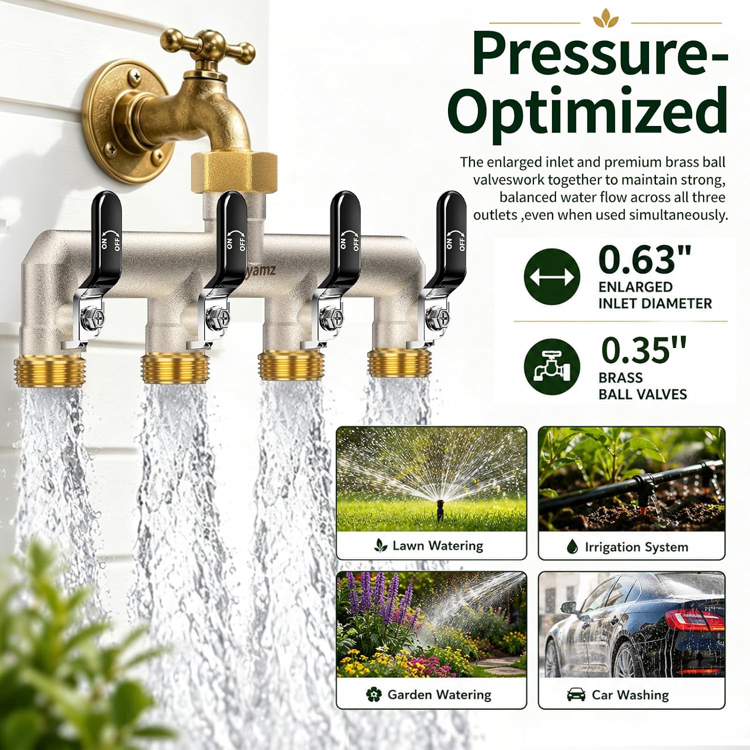 4 Way Garden Hose Splitter, 3/4" GHT Outdoor Faucet Splitter | Heavy-duty Solid Brass Body, Wide Spacing Fits Large