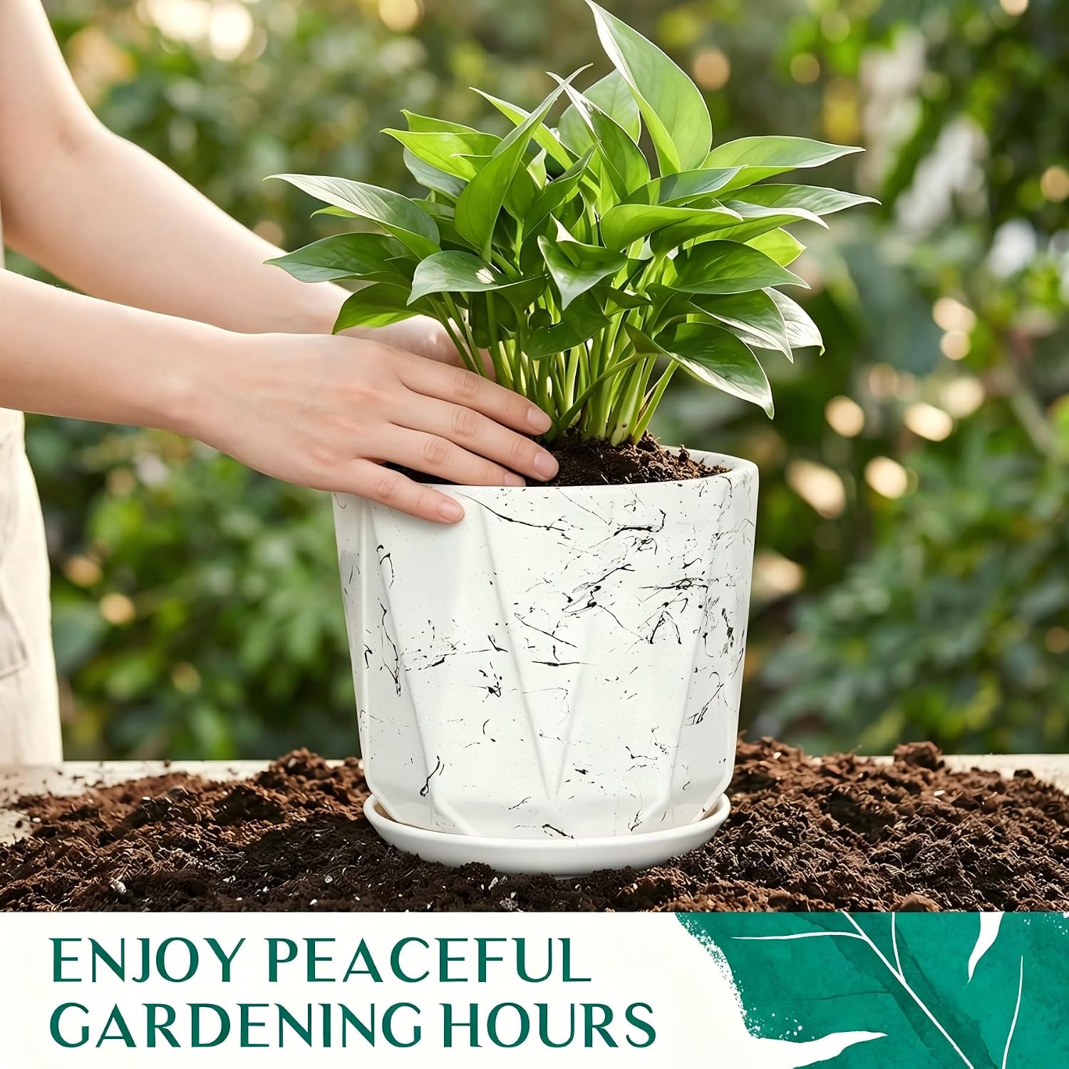 10 Inch Ceramic Plant Pot with Drainage Hole Mesh Net, Large Flower Pots for Indoor Plants with Saucer, Gardening Pots