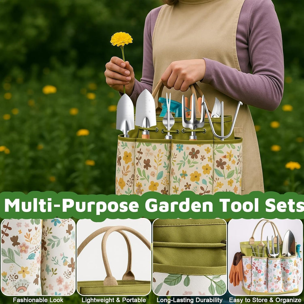 Gardening Tools 10-Piece Heavy Duty Garden Tool Set Gardening Gifts | Fashion Durable Tote Organizer Bag, Shears
