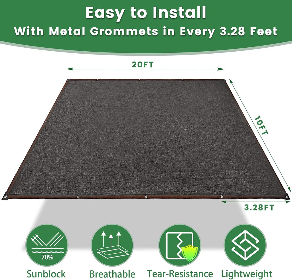 70% Shade Cloth, 10FTx20FT HDPE Mesh Tarp with Reinforced Grommets, Outdoor Sun Shade Net for Greenhouse, Plants