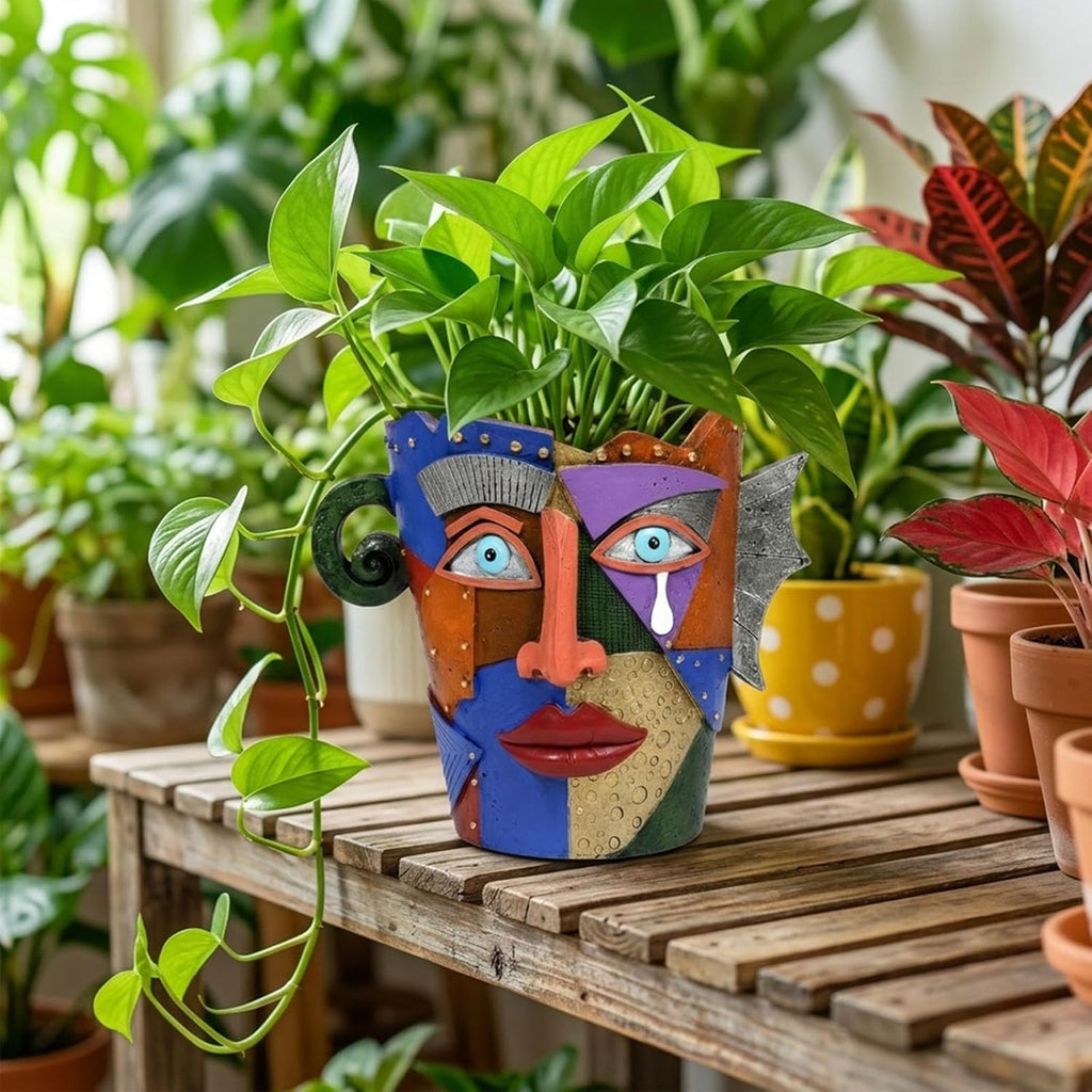 Large Picasso Abstract Face Planter Pot, Colorful Resin, Indoor Outdoor | Head Planter, 10.24 Inch, Drainage Hole, Fits